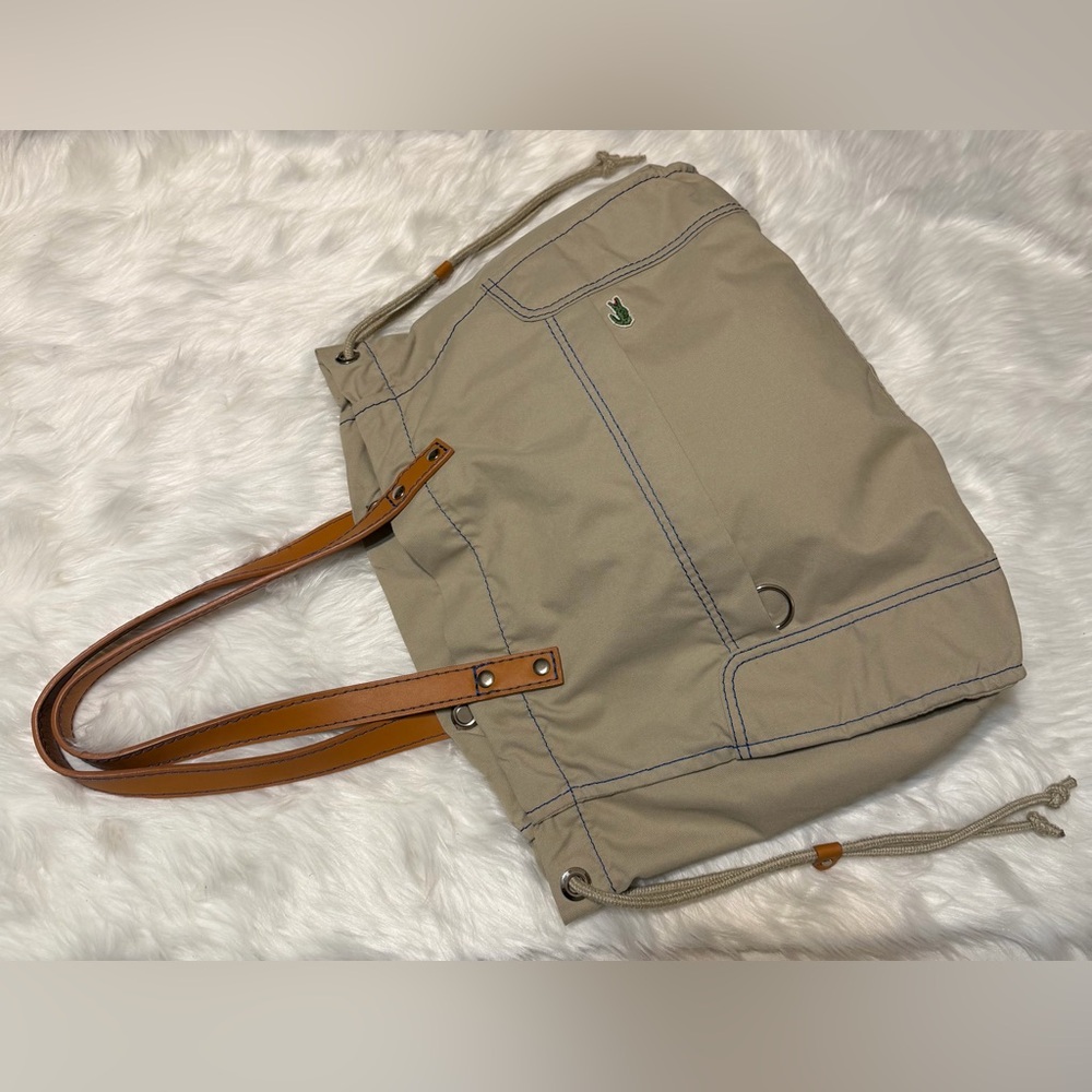 Lacoste Khaki Canvas Tote with Brown Leather Handles